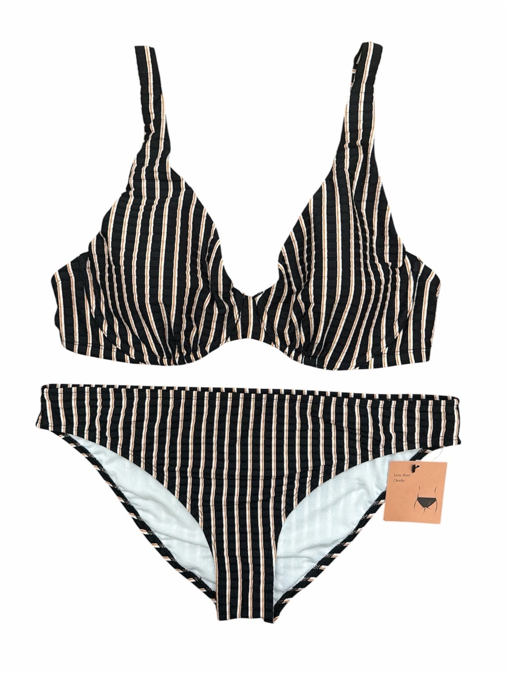 Shade & Shore Black Striped Bikini Set Size 38D / L